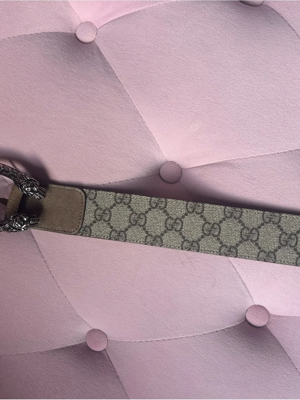Gucci beige GG canvas belt with tan trim and silver chain buckle